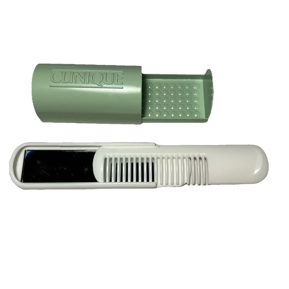 Vintage Clinique‎ Lot White Purse Sliding Comb Mirror  & Travel Mini Soap Holder